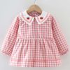 Pink Grid Baby Smock Infant Eating Inner Waterproof Bib Girls Long Sleeve Painting Smock Apron