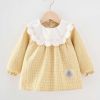 Yellow Grid Baby Eating Smock Long Sleeve Inner Waterproof Baby Bibs Girls Painting Smock Apron